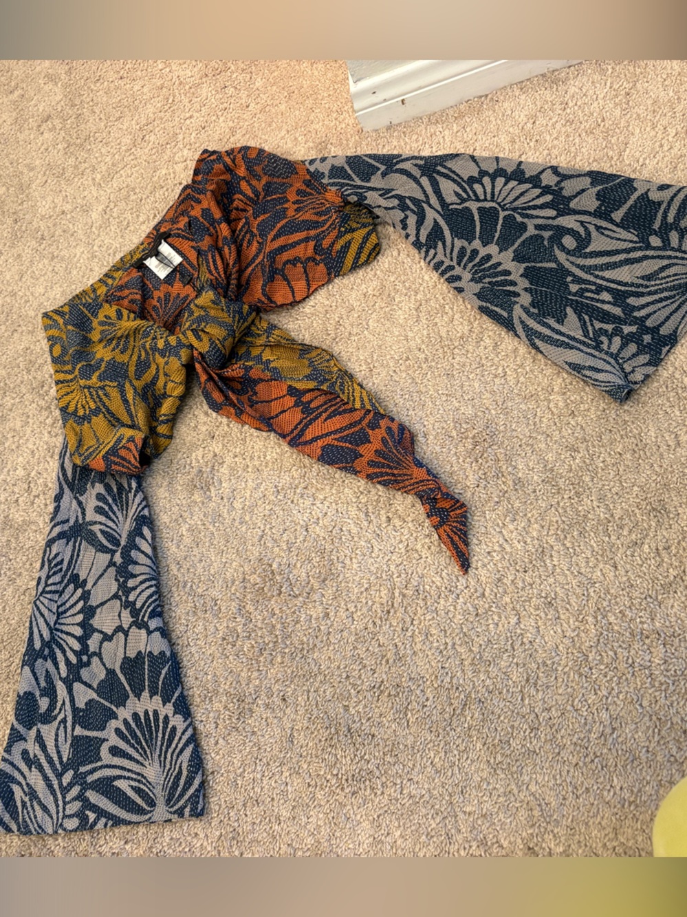 BCBGMaxAzria Navy, Orange & Mustard Printed Tie top